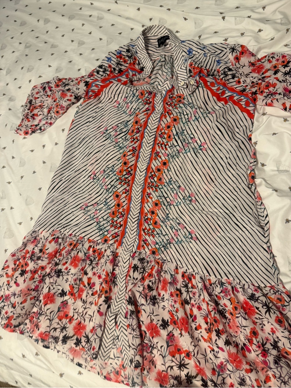 Floral Stripe Ruffle Dress in White and Red